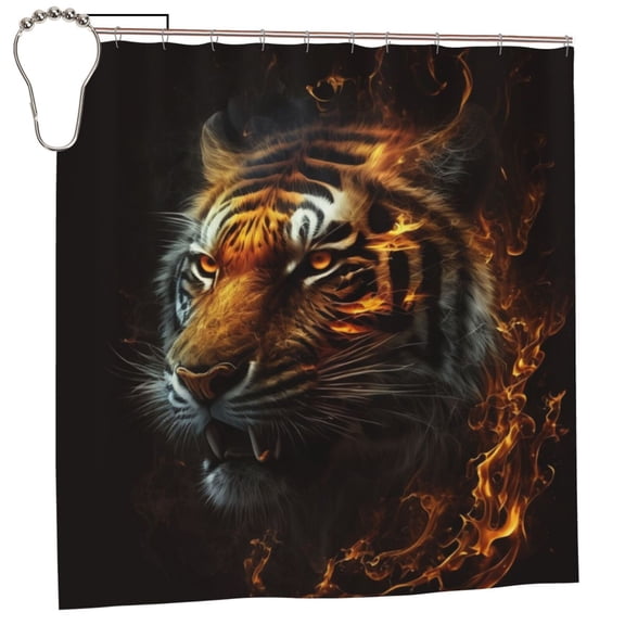 Fire King Tiger Face Art Shower Curtain with 12 Iron Hooks Washable Polyester Fabric Bathroom 72x72 Inch
