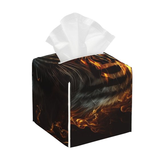 Fire King Tiger Face Art Square Faux Leather Tissue Box Cover, PVC Paper Holder with Hook and Loop Closure