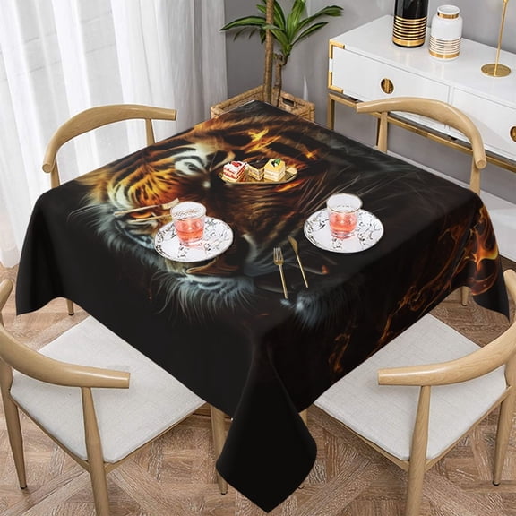 Fire King Tiger Face Art Square Tablecloth 60x60 Waterproof Table Cover for Dining Table, Parties, Weddings, Picnics, Cafes