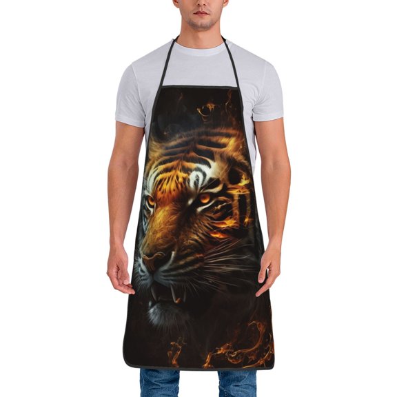 Fire King Tiger Face Art Waterproof Apron Cooking Bib Aprons for Kitchen Baking Gardening BBQ
