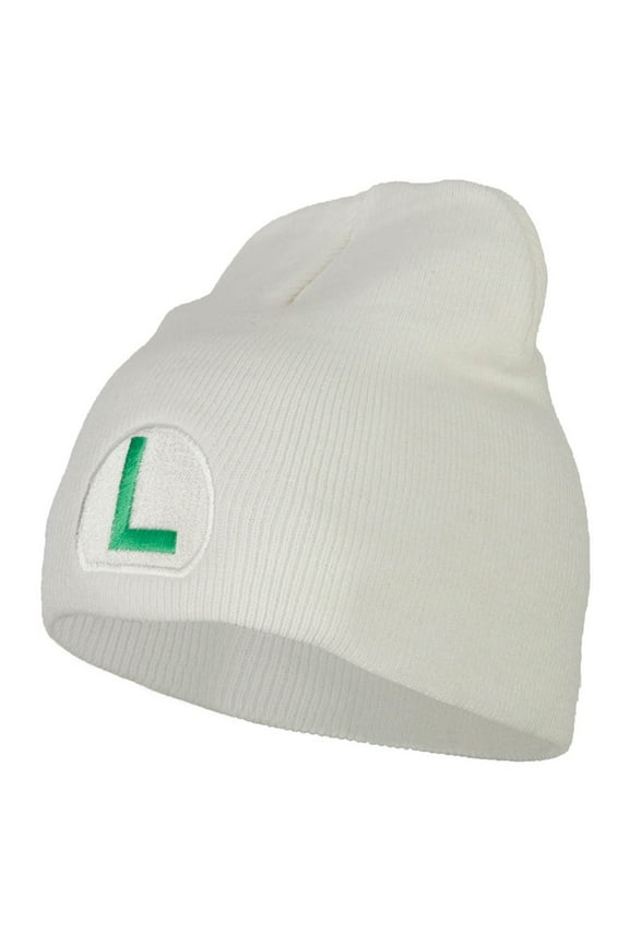 Fire Mario Luigi Embroidered Knitted Short Beanie - White Green OSFM
