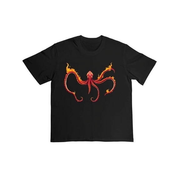 Fire Octopus T-Shirt Graphic Tee Breathable Top Cotton Short Sleeve Fashion Casual Apparel Black S-5XL