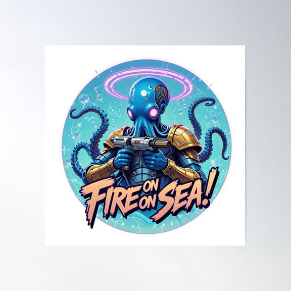 Fire On Sea: Octopus Robot Sci-Fi Adventure Poster Wall Art, Modern Wall Decor For Living Room Bedroom, 17x17 UNFRAMED