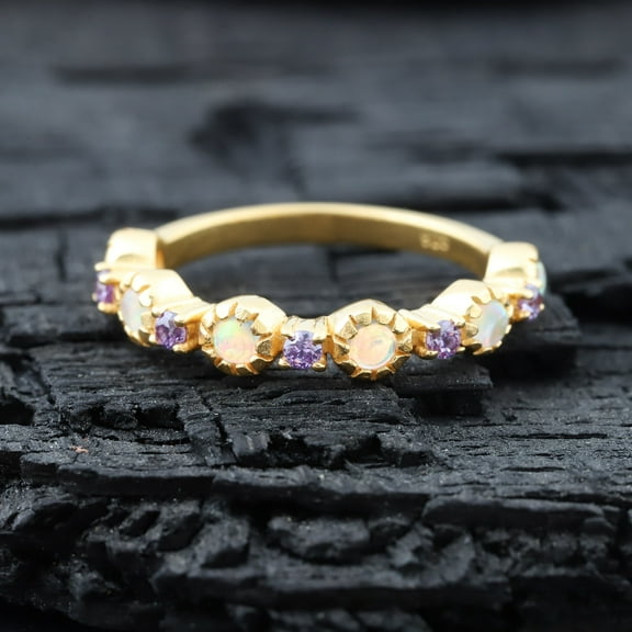 Fire Opal Amethyst Stacking Band, Half Eternity Bridal Matching Band, 925 Silver Alternative Band, October Birthstone Jewelry Birthday Gift