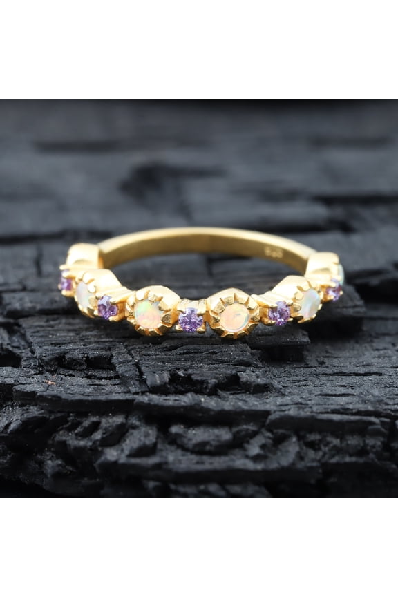 Fire Opal Amethyst Stacking Band, Half Eternity Bridal Matching Band, 925 Silver Alternative Band, October Birthstone Jewelry Birthday Gift