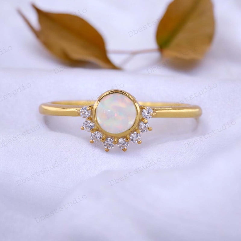 14k Gold Natural Opal & Diamond Halo Ring - October Birthstone Oval Opal Promise Ring With 6 Diamonds