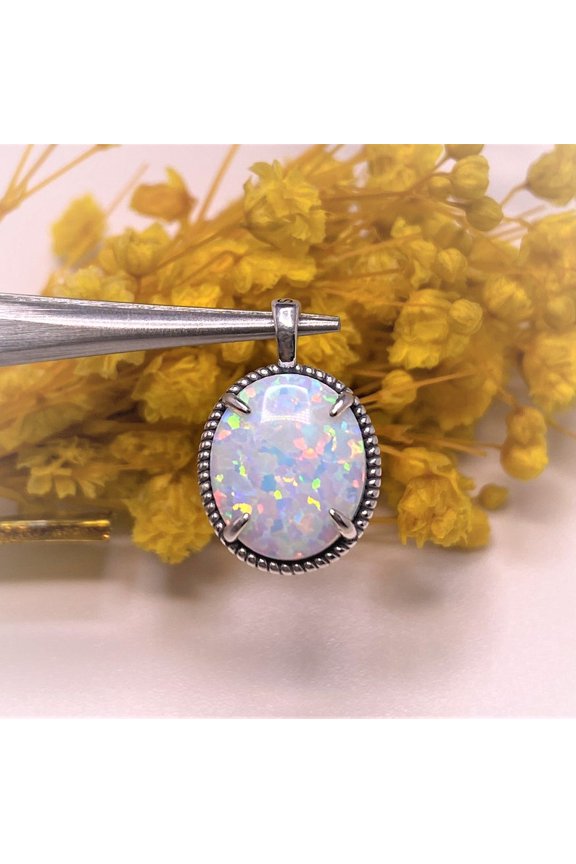 Fire Opal Pendant, Australian Opal, Opal Necklace, October Birthstone, White Oval Pendant, Bridal Necklace, Natural Opal, Sterling Silver