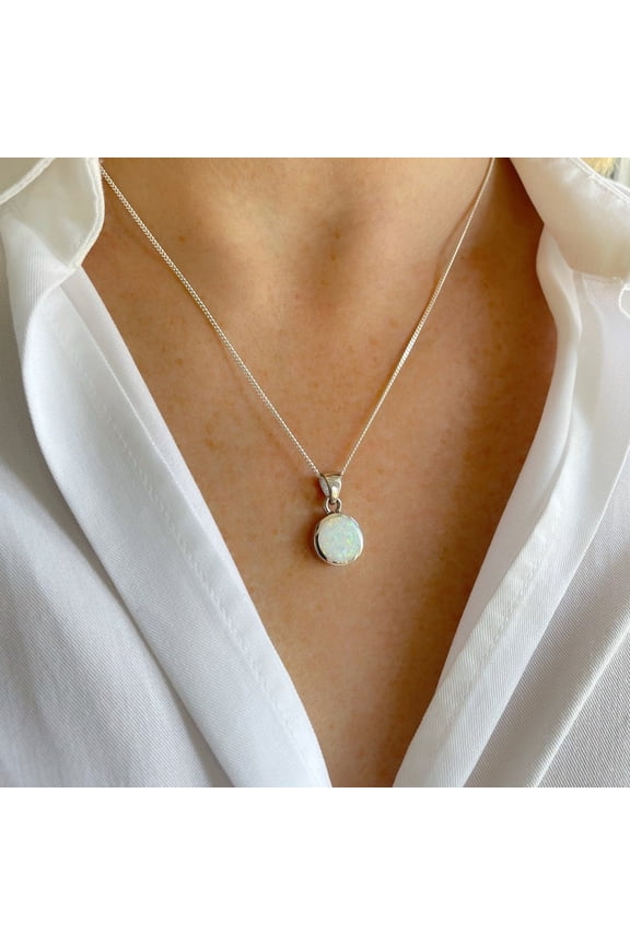 Fire Opal Pendant, Australian Opal, Opal Necklace, October Birthstone, White Oval Pendant, Bridal Necklace, Natural Opal, Sterling Silver