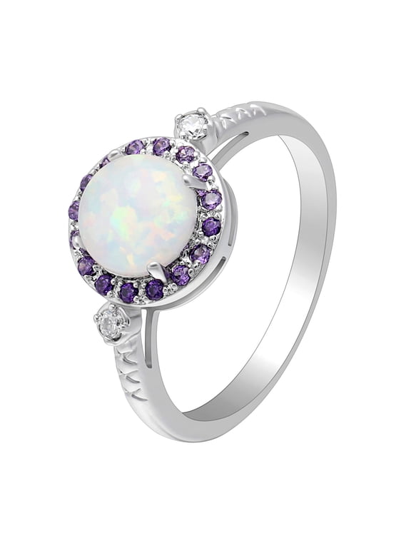 White Simulated Opal and Purple Cubic Zirconia Statement Cocktail Ring Size 12 for Women by Ginger Lyne