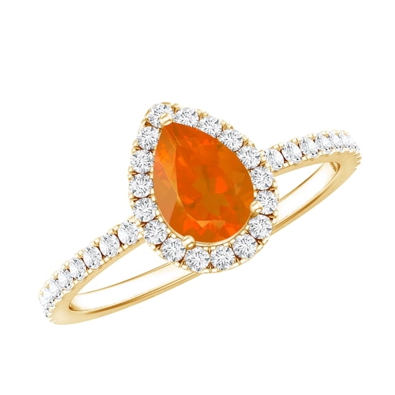 Rosec Jewels Fire Opal Teardrop Ring for Women with Diamond Halo - 5X7 mm (AAA Quality), 10K Yellow Gold, US 6.50