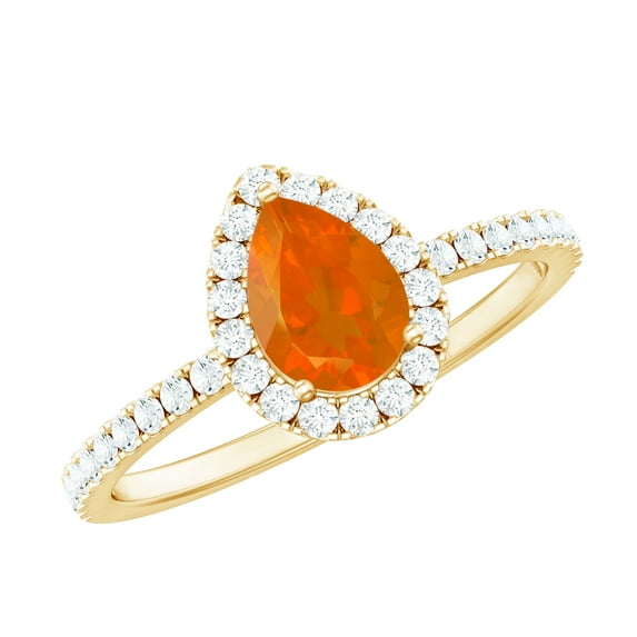 Rosec Jewels Fire Opal Teardrop Ring for Women with Diamond Halo - 5X7 mm (AAA Quality), 10K Yellow Gold, US 6.50