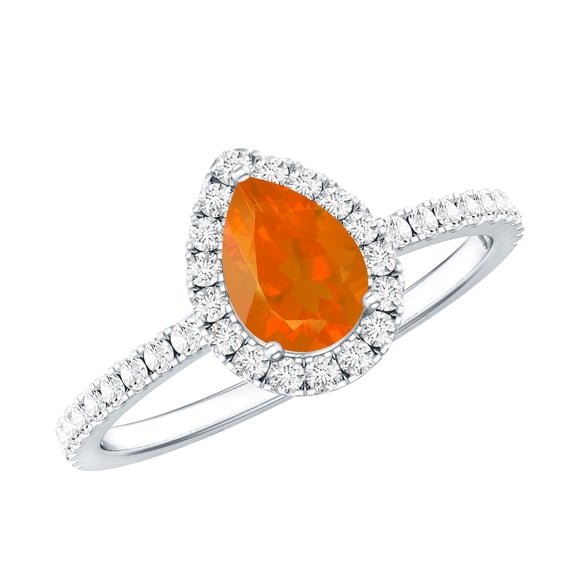 Rosec Jewels Fire Opal Teardrop Ring for Women with Diamond Halo - 5X7 mm (AAA Quality), 925 Sterling Silver, US 4.00