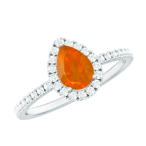 Rosec Jewels Fire Opal Teardrop Ring for Women with Diamond Halo - 5X7 mm (AAA Quality), 925 Sterling Silver, US 8.50