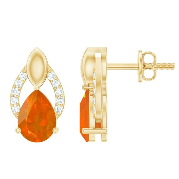 Rosec Jewels Fire Opal Teardrop Stud Earrings for Women (5X7 mm Pear Shape, AAA Grade) - Opal Diamond Earrings - with Jewelry Box, 14K Yellow Gold