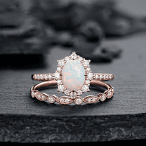 Fire Opal and Diamond Engagement Ring Set in 14k Rose Gold Vermeil - Halo Promise Bridal Ring Set Anniversary Ring Gift for Women