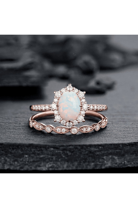 Fire Opal and Diamond Engagement Ring Set in 14k Rose Gold Vermeil - Halo Promise Bridal Ring Set Anniversary Ring Gift for Women