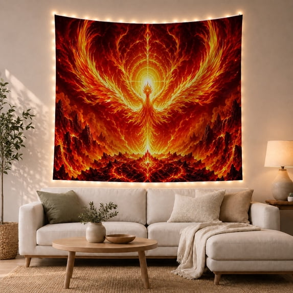Fire Phoenix Beneath a Radiant Halo, Mystical Fantasy Art for Mythical Bird Lovers, Volcanic Rebirth Decor, Housewarming Gift, Tapestry Wall Hanging for Bedroom and Studio