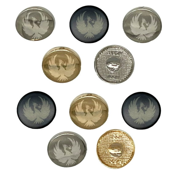 Fire Phoenix Bird Rising Set of 10 Metal 0.6" (15mm) Sewing Shank Round Buttons - Silver Color