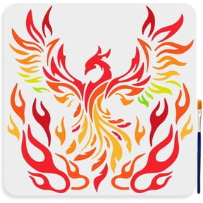 Fire Phoenix Stencil 11.8×11.8inch Large Firebird Drawing Stencil with Paint Brush Reusable Flying Phoenix Stencil Template for DIY Craft Canvas Wall Wood Home Decor DIY