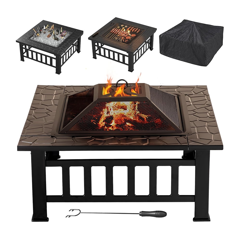 Fire Pit, 32 Inch Patio Square Metal Firepit with Cover Poker & Grate, Wood Burning Fireplace Backyard Stove for Lawn, Patio, Outside Heating Camping, Outdoor