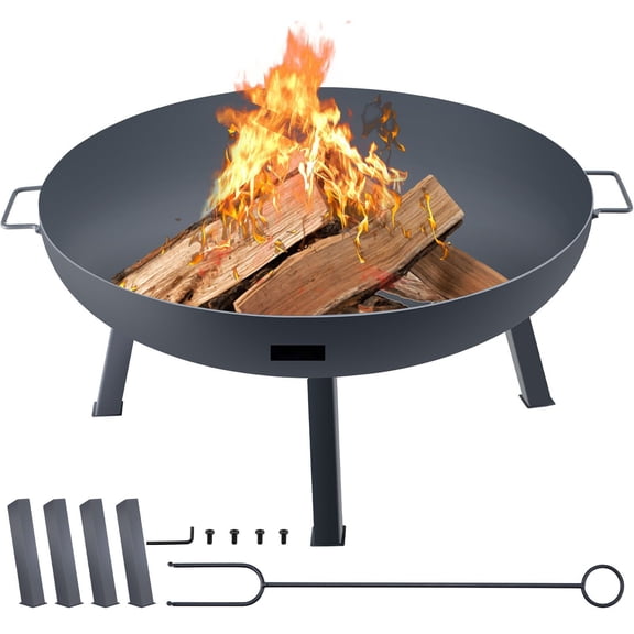 Fire Pit Bowl 34 Inch, Wood Burning Carbon Steel Firebowl for Outdoor Patio, Backyard & Camping - Portable with Handles & Firewood Stick