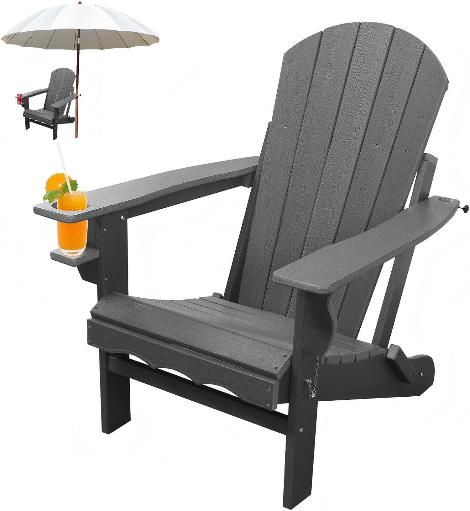 Fire Pit Chairs, HDPE Folding Adirondack Chairs Weather Resistant, Composite Foldable Adirondack Patio Chair with Cup Holder and Umbrella Hole, Grey