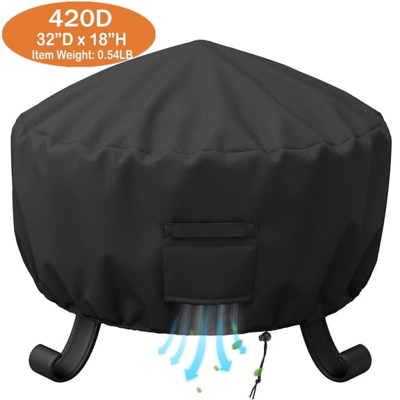 Fire Pit Cover Round for Fire Pit 26 Inch-32 Inch,420D Heavy Duty Outdoor Fire Pit Cover Full Coverage Patio Outdoor Fireplace Cover,Waterproof,Dustproof and Anti UV,32 x 18 Inch,Black