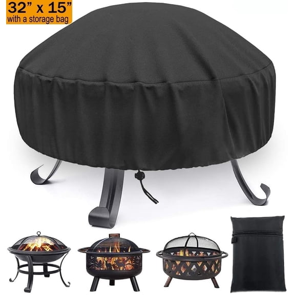 Fire Pit Cover Round for Gas Fire Pit Cover Fits 28/30/32 in Outdoor Fireplace Cover with Adjustable Drawstring and a Storage Bag,32" x 15"Outdoor Fire Pit Cover,Waterproof,Dust Proof,Anti UV