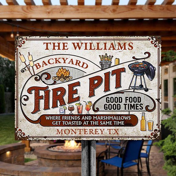 Fire Pit Get Toasted Metal Sign, Classic Outdoor Camping Decor, Backyard Fireplace Wall Art, Size 8x12