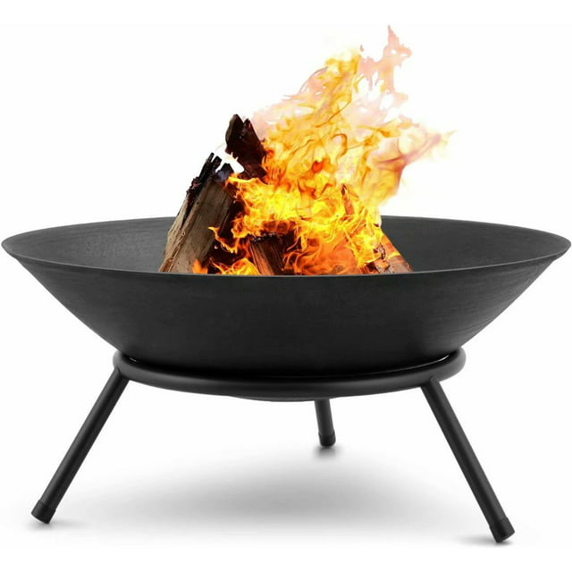 Fire Pit Outdoor Wood Burning 22.6in Cast Iron Firebowl Fireplace Heater Log Charcoal Burner Extra Deep Large Round Camping Outside Patio Backyard Deck Heavy Duty Metal Grate Black