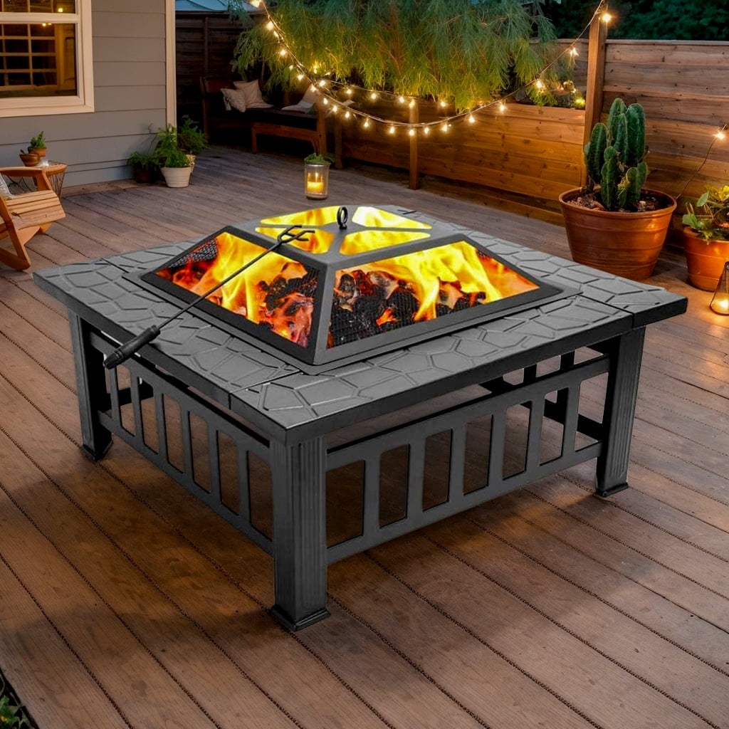 Fire Pit for Outside, 32" Outdoor Wood Burning Firepit with Fireplace Screen, Square Metal Patio Fireplace Tables for Camping, Outdoor Heating, Bonfire and Picnic, Black