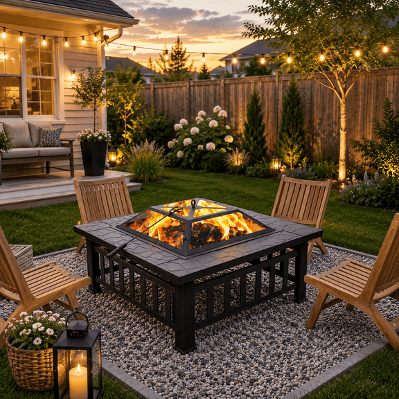 Fire Pit for Outside, Square Outdoor Fire Pit with Stone-Look Tabletop, Wood Burning Firepit W/Fence-Style Metal Frame, Mesh Screen Lid, Fire Grate & Poker for Patio Backyard Camping