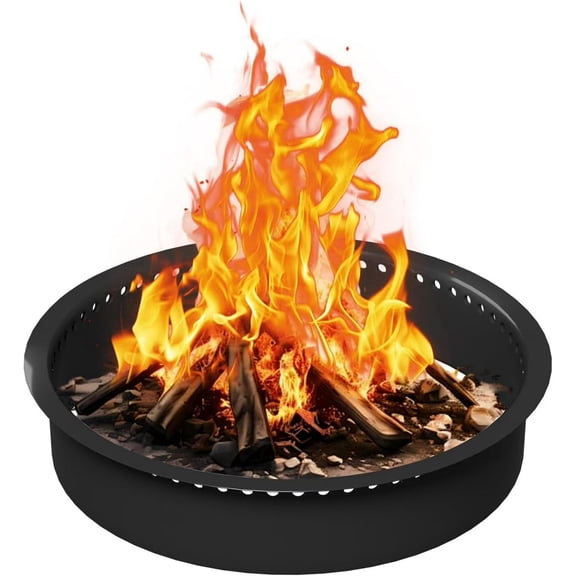 Fire Pit Ring 48 Inch with Perforated Circular Design 360 Airflow Smokeless Outdoor Fire Pit Heavy Duty Solid Metal Steel Round Rim Insert for DIY in-Ground Campfire Ring Above or Garden Backyard