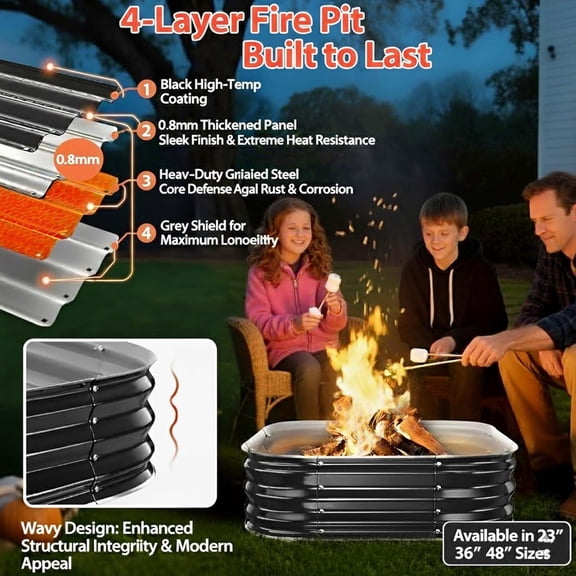 Fire Pit Ring,48in Large Heavy Duty Square Firepit for Outside,11'' Tall Galvanized Steel Bonfire Pits,Wood Burning Outdoor Fireplaces,Portable for Backyard,Camping,,Beach