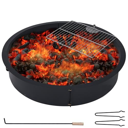 Fire Pit Ring Insert 32 inch, Outdoor Fire Pit Liner Round Solid Steel Fire Ring with Cooking Grate, Heavy Duty Metal Steel Firepit Rings for Outside Wood Burning DIY Camping Patio Yard Garden, Black