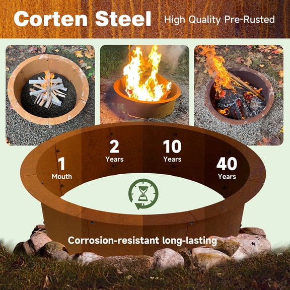 Fire Pit Ring Metal Steel Liner for Outdoor DIY Campfire Wood Burning Fire Pit Ring 3mm Thick Heavy Duty Solid In-Ground Firepit Rim Insert for Bonfire Patio Backyard Easy Assembly, Rusty 39"