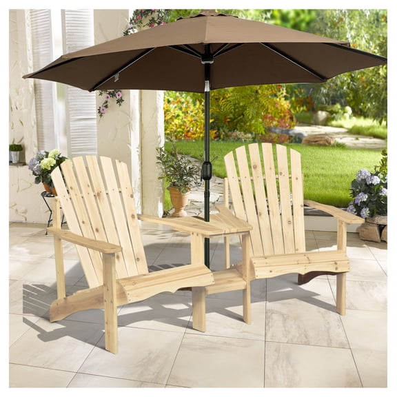 Fire Pit Seating Adirondack Chairs with Table & Umbrella Hole - 2 Person Wood Bench - Natural Finish