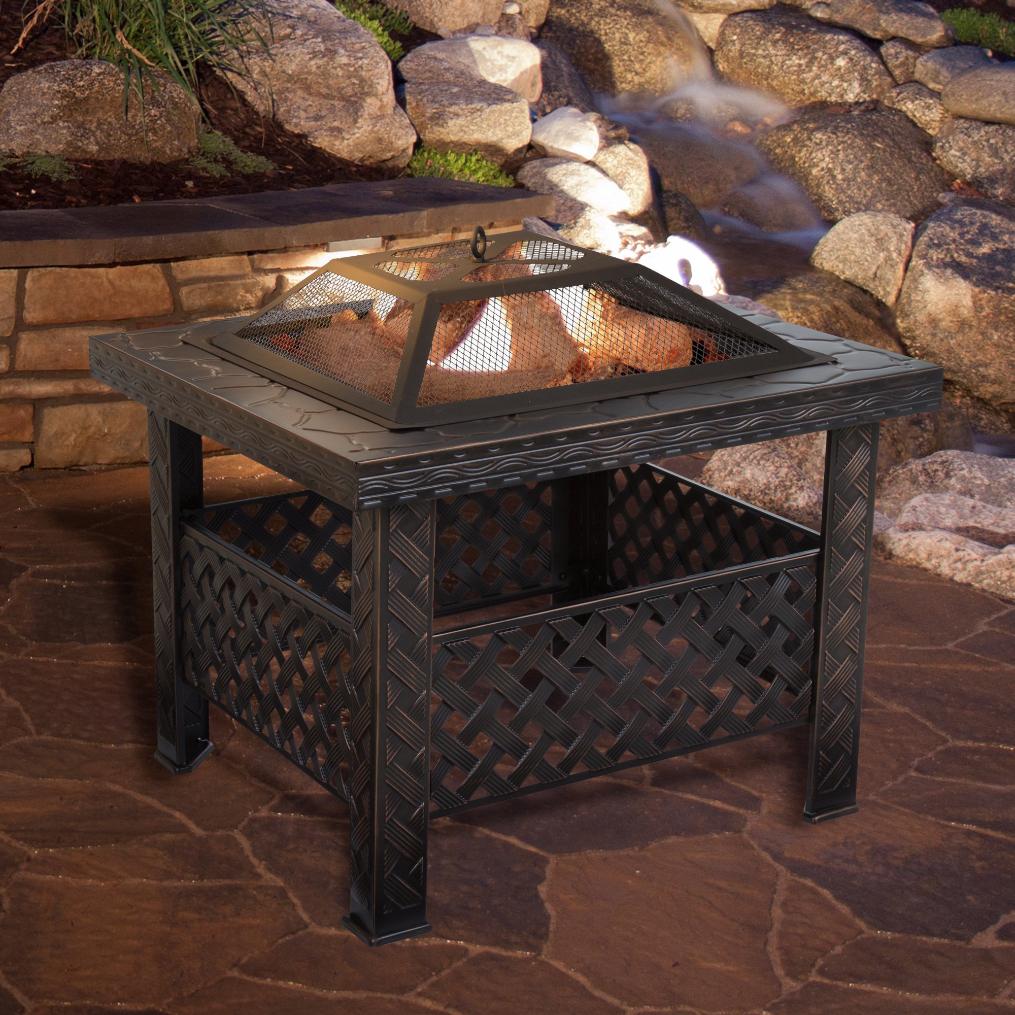 Fire Pit Set, Wood Burning Pit -Includes Screen, Cover and Log Poker- Great  for Outdoor and Patio, 26 InchÂ” Woven Metal Square Firepit by Pure Garden  - Walmart.com
