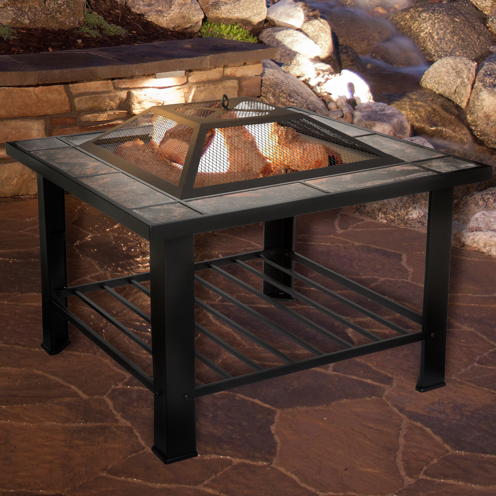 Fire Pit Set, Wood Burning Pit - Includes Screen, Cover and Log Poker - Great for Outdoor and Patio, 30 inch Square Marble Tile Firepit by Pure Garden - image 1 of 4