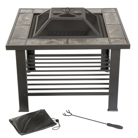 Pure Garden M150016 30 in. Square Marble Tile Wood Burning Fire Pit with Spark Screen, Cover & Log Poker