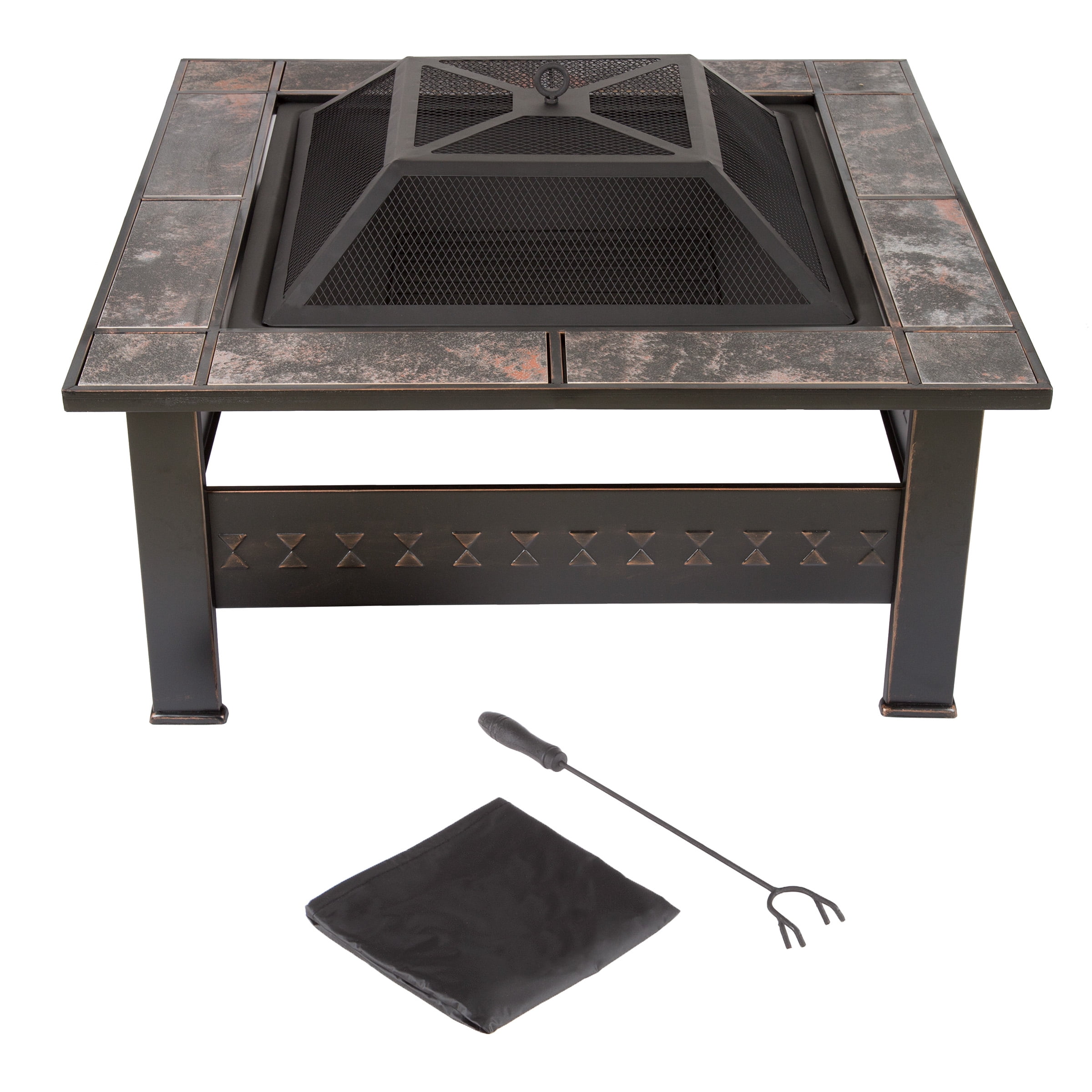Fire Pit Set, Wood Burning Pit -Includes Screen, Cover and Log Poker- Great for Outdoor and Patio, 32 InchÂ? Marble Tile Square Firepit by Pure Garden