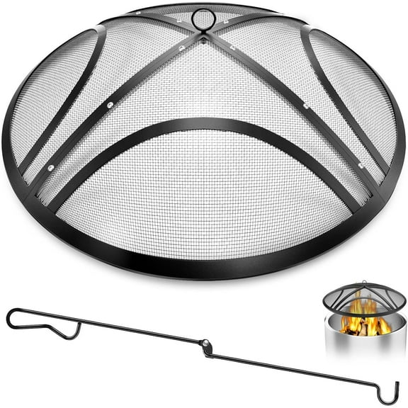 Fire Pit Spark Screen, Upgraded 36 Inch Outdoor Fire Pit Screen with Handle & Poker, Heavy-Duty Steel Fire Pit Cover Round Mesh Replacement Firepit Screen for Backyard/Beach/RV Camping