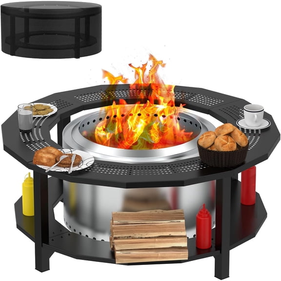 Fire Pit Surround Tabletop for Yukon, Bonfire, , Outdoor Smokeless Fire Pit Table for Wood Burning Fire Pits, Powder-Coated Steel Stove Table Surround with Cover forFire Pit