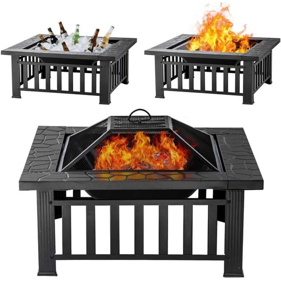 Fire Pit Table 32 Inch Square Metal Stove for Patio, Backyard, Garden | Multifunctional Outdoor Fireplace for Camping, Heating, Bonfire & Picnic