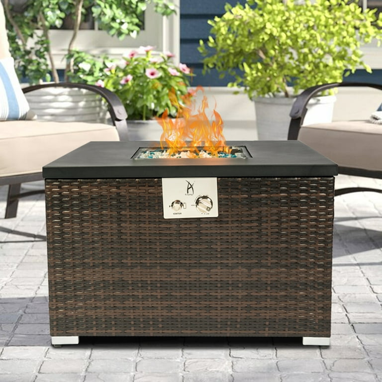 Propane Tabletop Fire Pit, 32in Gas Fire Pit Rectangle with Mixing Glass  Rocks Lid and Waterproof Cover for Patio, Pulse-Ignition 40,000BTU, Brown,  LJ1281 