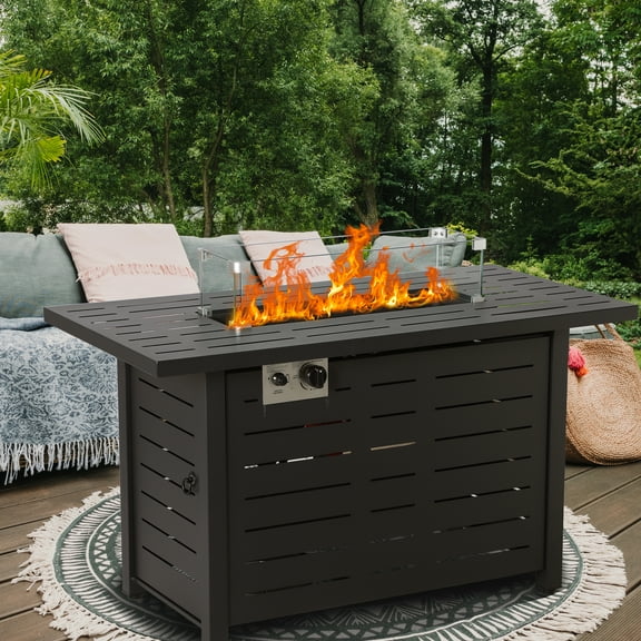 Fire Pit Table, 43" Outdoor , 50000 BTU Gas Fire Table with Lid, Glass Wind Guard