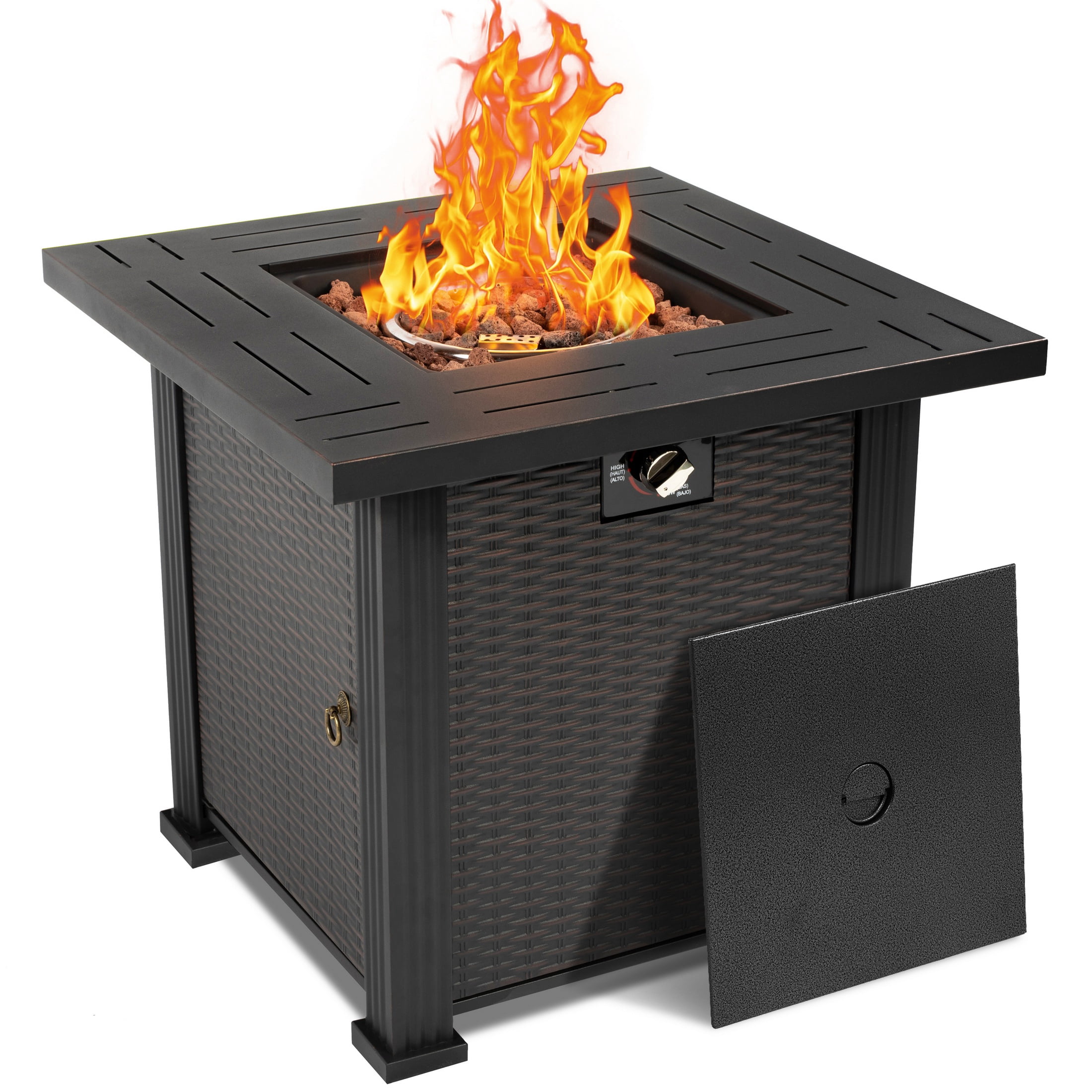 28" Fire Pit Table, Propane Fire Pit with Lid, Lava Rocks, 50000 BTU Outdoor Gas Fire Pit, Metal Square Propane Fire Pit for Outside Garden Backyard Deck Patio, Brown, LLL4008