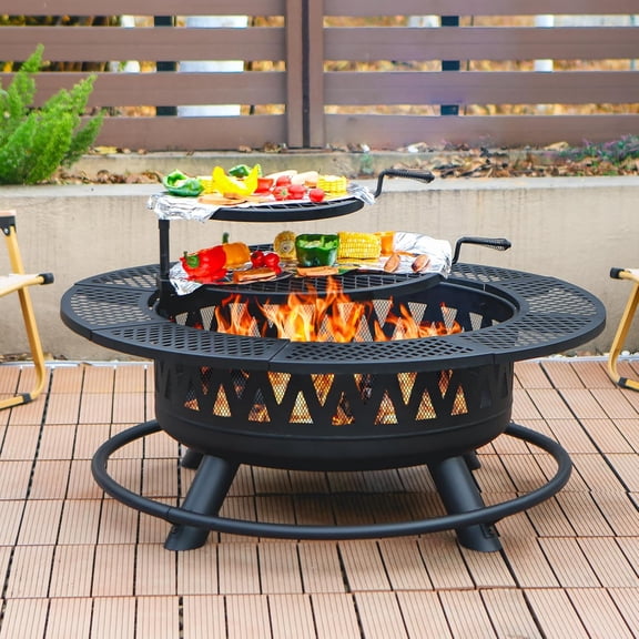 Fire Pit with Grills, Outdoor Firepits for Outside, Wood Burning Fireplace for Camping,Picnic,Bonfire, Metal Table with Lid for Backyard,Patio,Party
