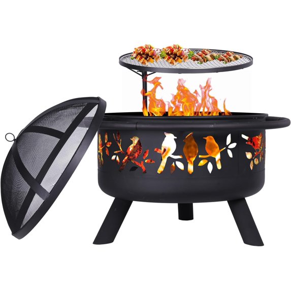 Fire Pits 30'' Outdoor Wood Burning Firepit Bowl with Grill PlateSpark Screen Cover Log Grate Fire Poker Steel Round Fireplace for Outside Camping Bonfire Beach Patio Backyard, Hollowed-Out Red Bird