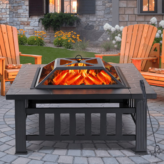 Fire Pits for Outside, 32" Wood Burning Fire Pit Tables with Screen Lid, Poker, BBQ Net, Backyard Patio Garden Outdoor Fire Pit/BBQ Fire Pit, Black